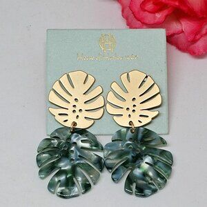 HOUSE OF HARLOW Monstera Leaf Dangling Earrings Green Gold Tropical Plant Palm